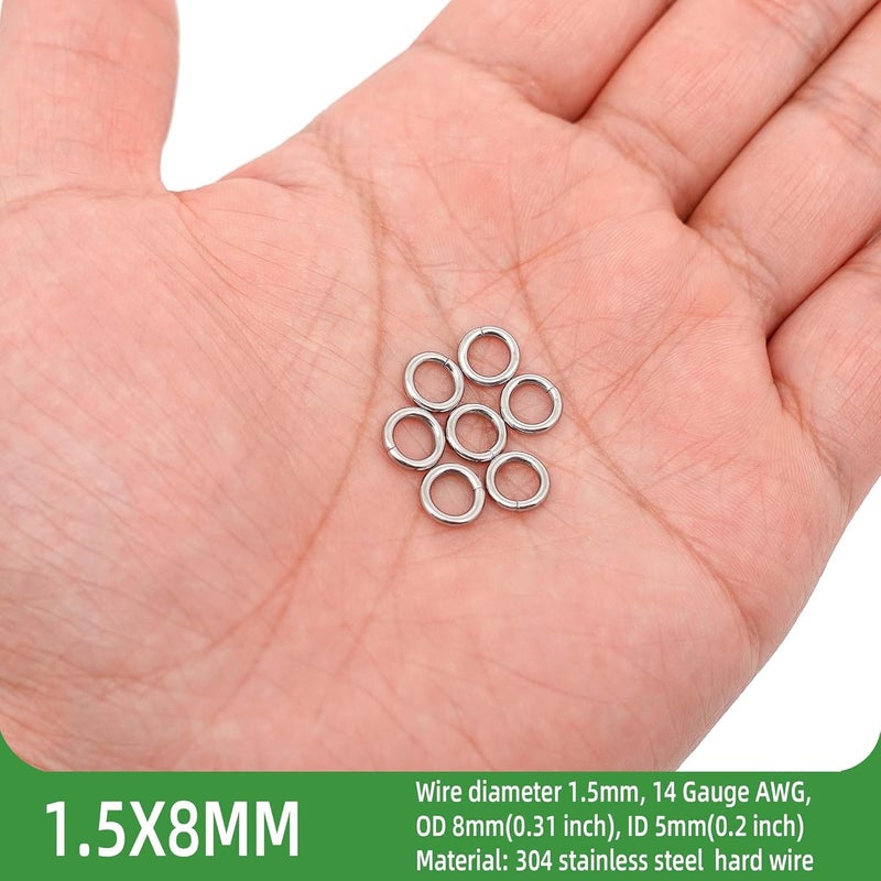 THREENEST 250PCS 8mm 1.5mm Thickness 14 Gauge Stainless Steel Jump Rings, Unwelded Metal Round Strong Thick Craft Ring for Necklace Bracelet Keychain Chainmail Jewelry Making - Image 2